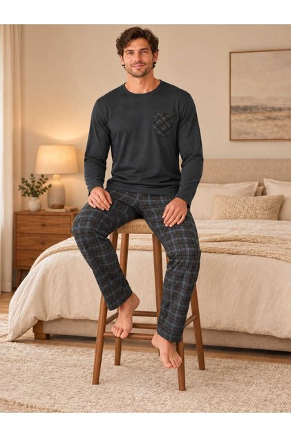 Erkek Uzun Kol Ekoseli Cepli Pijama Takımı
