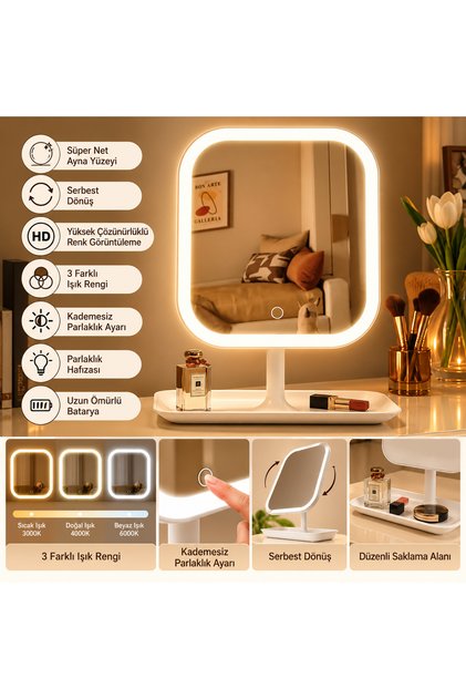 Led Işıklı Usb Şarjlı Dikdörtgen Masa Üstü Makyaj Aynası Makyaj Aynası Dokunmatik karışık renk