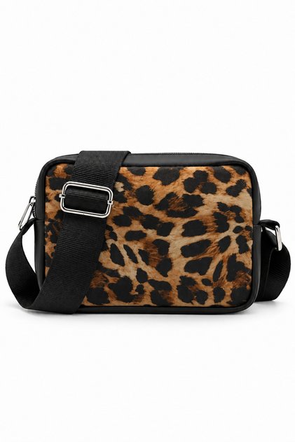 Women's Yellow Leopard Patterned Cross Strap Zippered Adjustable Strap Model Hand Arm and Shoulder Bag
