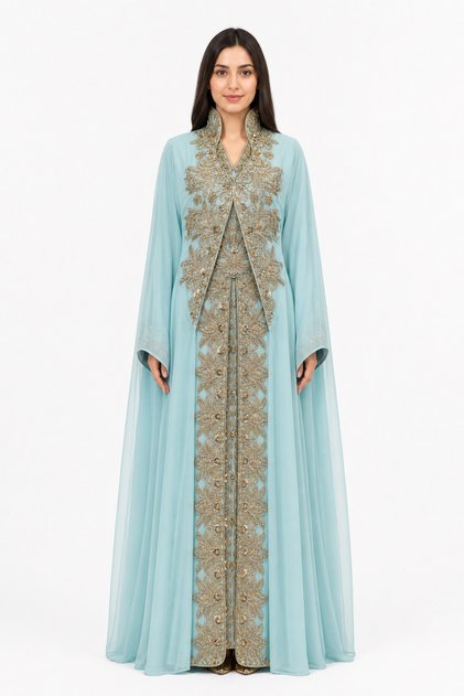 Women's Long Caftan with Hand Embellishments and Open Book Style Collar, Model 03