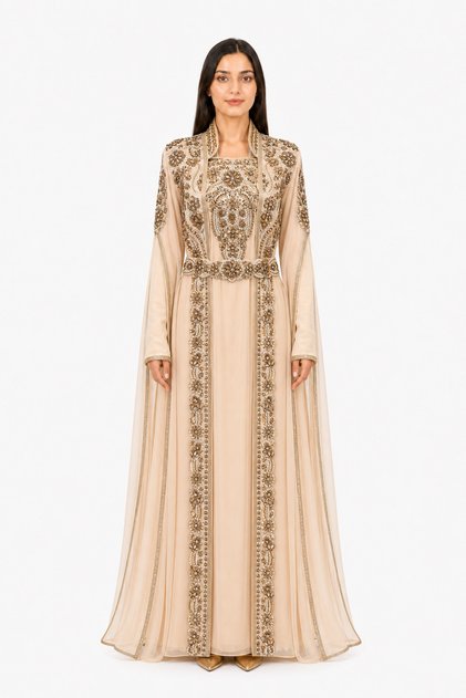 Women's Long Caftan with Hand Embellishments and Extended Sleeves Above the Wrist Model 08