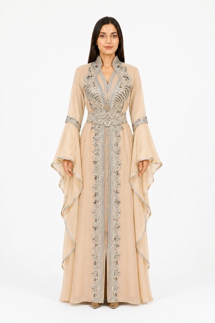 Women's Long Caftan with Embroidery and Shiny Stone Work and Butterfly Sleeves