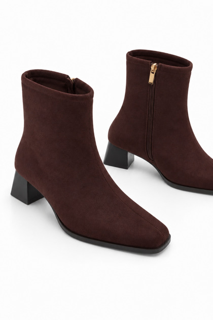 Women's Brown Suede Blunt Toe Thick Heeled Side Zipper Boots with Orthopedic Insole Milora