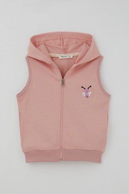 Girl's Vest with Cute Bee Embroidery and Zipper Hood, Ages 3-8, Dried Rose Color