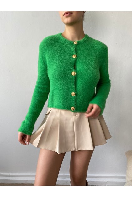 Women's green beard yarn gold button knit cardigan