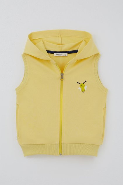 Girl's Vest with Cute Bee Embroidery and Zipper Hood, Ages 3-8, Yellow