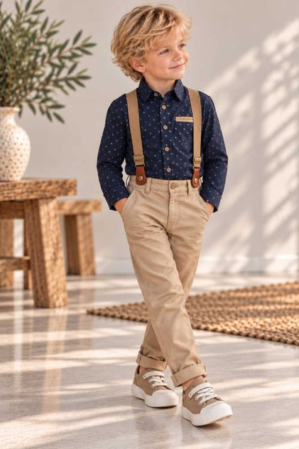 LACİVERT Gömlek pamuk gabardin Pantalonlu 3 Lü Takım Erkek çocuk Bayramlık
