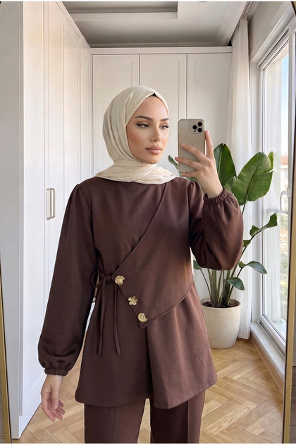 Women's Scuba Fabric Stone Button Stylish Two-Piece Set