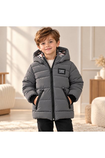 Custom-made nova fabric boys' hooded puffer jacket, anthracite color, plaid lined, zippered winter thick coat.