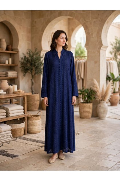 Women's Textured Thread Embroidered Button Accent Jalabiya - Loose Fit Maxi Kaftan