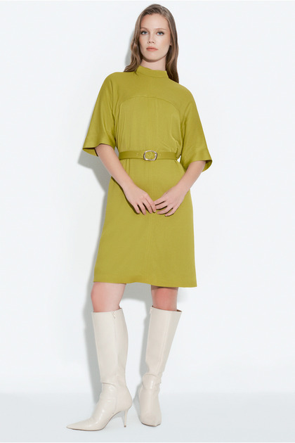 Belted High Neck Midi Dress