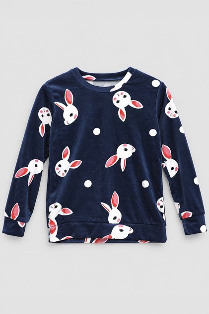 Girl's Rabbit Patterned Soft Velvet Textured Navy Blue Pajama Set