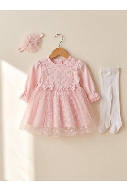 Baby Girl Mevlütlük Dress Set of 3 with Bandana and Lace Newborn Hospital-Issued Wedding Dress Evening Dress Mevlitlik 100% Cotton 1068