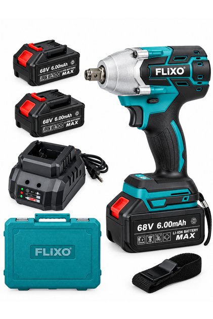 مفك براغي لاسلكي بدون فرشاة FLIXO FX-002 بقوة 68 فولت (عزم دوران أقصى 330 نيوتن متر) - طقم مفك براغي عالي القوة يعمل ببطارية ليثيوم أيون مع حقيبة حمل وملحقات