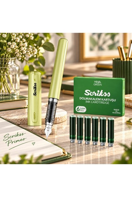 Scrikss Primeo Dolma Kalem Kiwi + 6 Adet YEŞİL Dolma Kalem Kartuşu