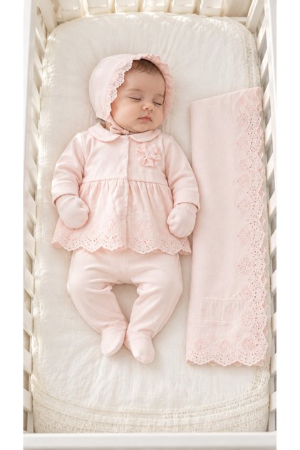 Ivy 100% Cotton 0–3 Months Floral Embroidered Baby Girl Hospital Discharge Set with Pearls and 5-Piece Blanket