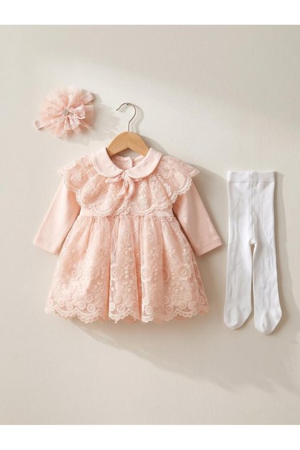 Baby Girl Mevlütlük Dress Set of 3 Baby Collar Bandana Cape Lace Newborn Hospital Release Wedding Dress 100% Cotton Evening Dress Mevlitlik 4032