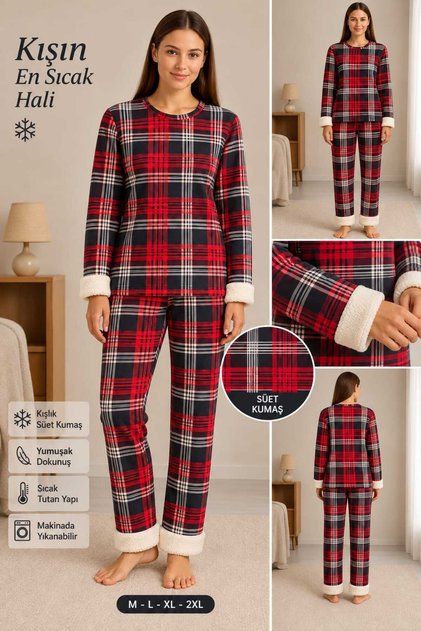 Kadın Peluş Detaylı Süet Pijama Takımı Yumuşak Dokulu Kışlık Pijama Takımı