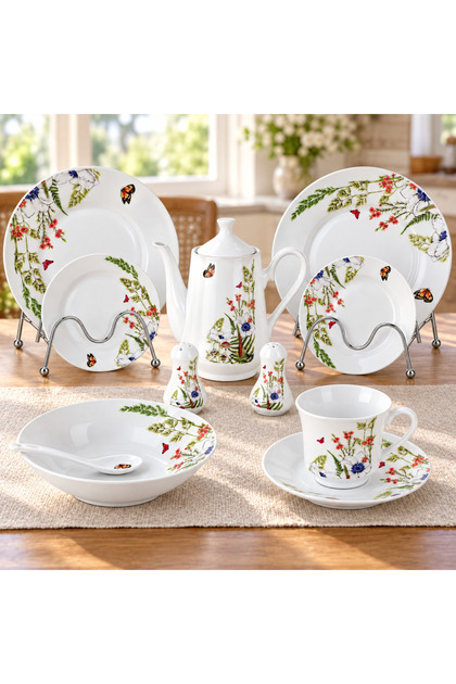 40-Piece Floral Butterfly Porcelain Dinnerware Set with Teapot & Accessories