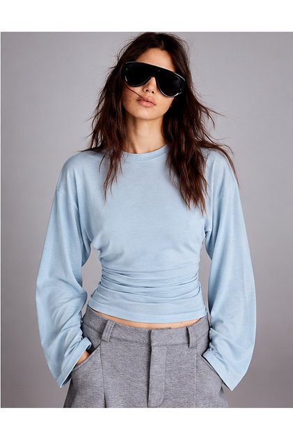 Women's Blue Viscose Ribbed Crew Neck Bat Sleeve Blouse with Drawstring Detail