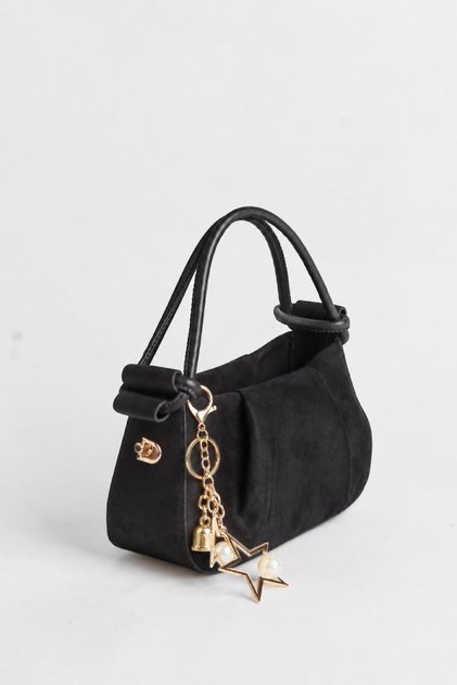 Women's Jasmine Black Suede Drawstring Knot Handle Mini Hand and Shoulder Bag with Star Accessories