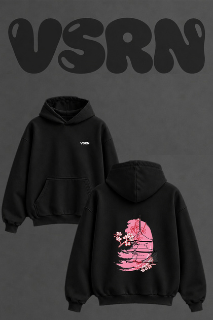 Pagoda Sakura Design Back Printed Oversize Black Hooded Sweatshirt