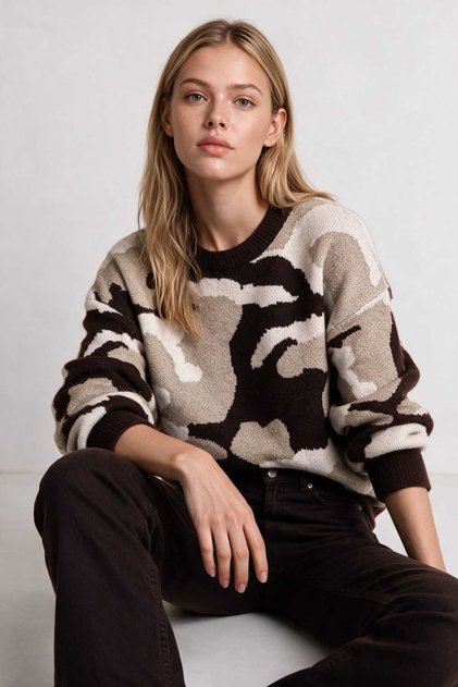 Patterned Glitter Oversize Knitwear Sweater Lyy0154 Brown Beige