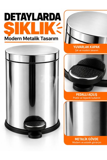 8 Litre Pedallı Metal Çöp Kovası – Kapaklı Banyo, Mutfak ve Ofis Çöp Kovası