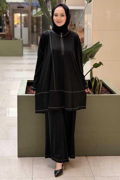 Heddy Zero Collar Half Zipper Tunic Pants Set