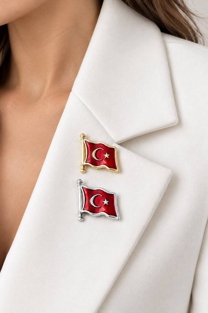 Altın Rengi Gümüş Rengi 2'li Ay Yıldız Yaka Rozeti Türk Bayrağı Broş