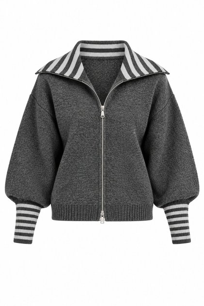 Anthracite - Smoked Cuff Collar Striped Cardigan - 261088