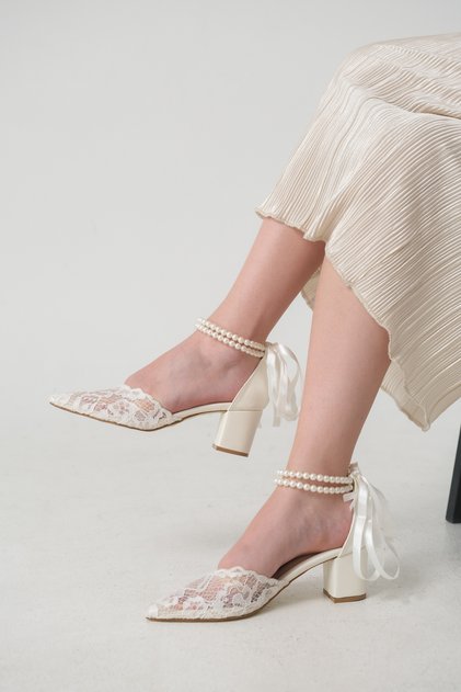 Pearl Lace Women's Lace and Pearl Detailed Pointed Toe Thick Heeled Ribbon Tied Wedding Wedding Bridal Shoes 6 cm