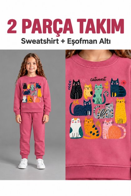 İkili Eşofman Takımı Kız Çocuk Renkli Kedi Baskılı Gül Kurusu Sweatshirt ve Jogger Alt