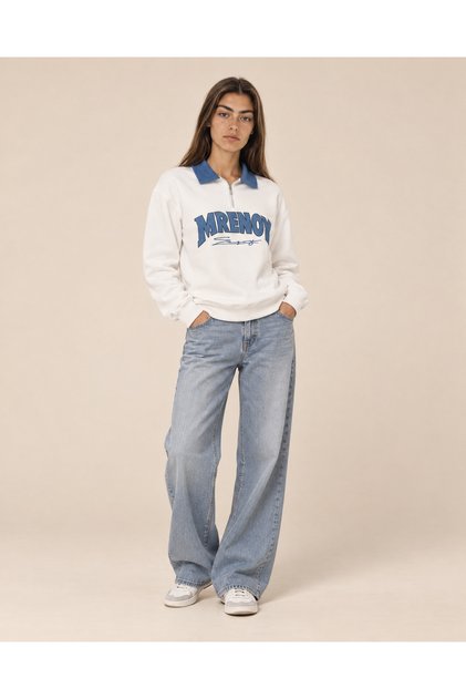 Women's White Sweatshirt with Blue Classic Collar and Front Zipper, Cropped, Long-Sleeved Pullover with Mrenoy Print, Made of Knitted Cotton. Casual and Trendy Design for College and Everyday Wear