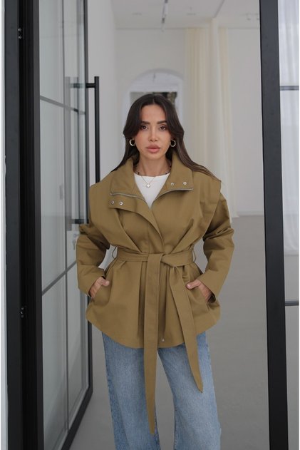 Oil Green Belted Zippered Trench Coat