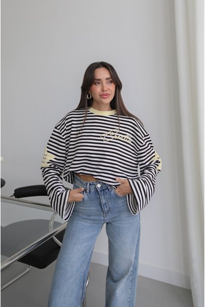 Sarı Kolları Yıldız Baskılı Çizgili İnce Sweatshirt