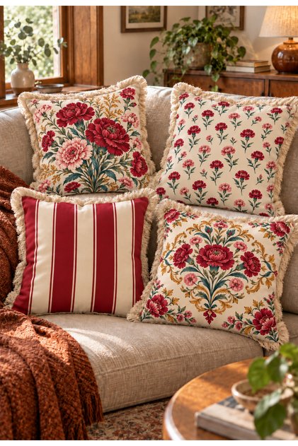 Maison Fleur Royale Premium Fringed 4-Piece Throw Pillow Cover Set |   Burgundy Pink Vintage Floral Pattern |   Romantic Stylish Living Room Decor