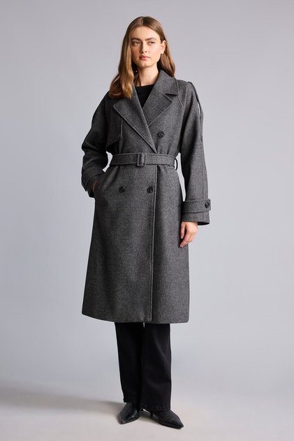 Standard Fit V-Neck Belted Double-Breasted Cashmere Coat H8593Ax26Wn