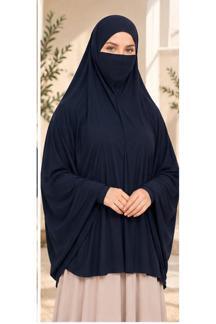 Long Souffle Veil with Sleeves, Practical Scarf Without Veil, Ready-To-Wear Turban, Viscose Lycra, Navy Blue