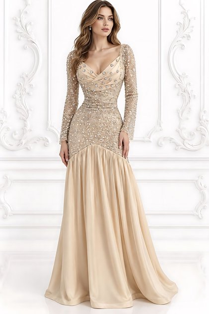Champagne Gold Sequin Evening Dress V-Neck Mermaid Gowns