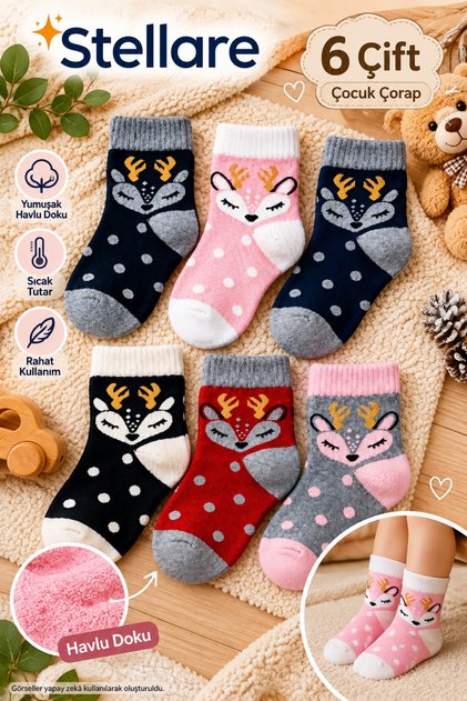 6 Pairs of Children's Terry Socks Set - Warm Winter Home Socks with Cute Deer Pattern