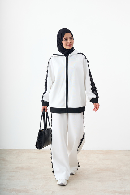 Women's Scuba Lace Detail Set White