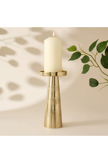Hibiscus Engraved Metal Pillar Candleholder - 21 cms