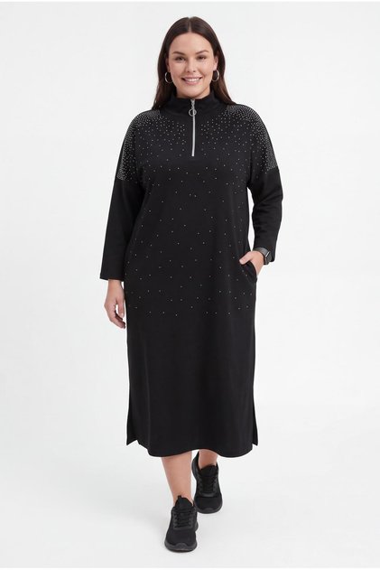 Women's Plus Size Black Dress with Stone Detail and Zipper Pockets