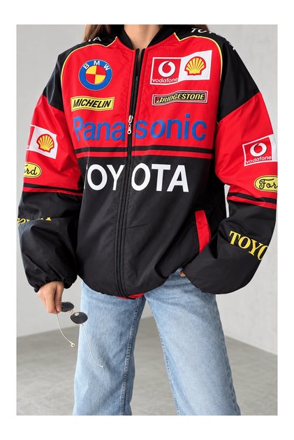 Harajuku Toyota Printed Racer Bomber Jacket - Red