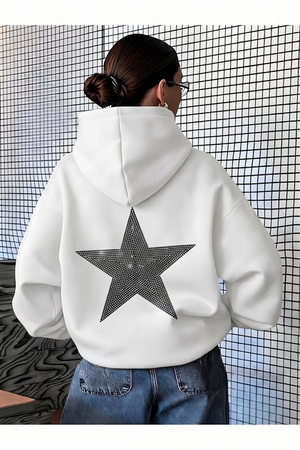 Unisex Men'S/Women's Shiny Star Back Printed Premium Hooded 2-Thread Oversize Sweatshirt Hoodie