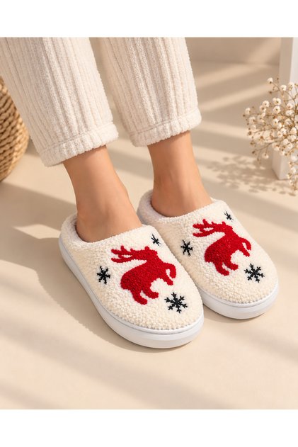 Women's Ecru Plush House Slippers with Red Deer Pattern and Snowflake Detail, Thick Soled Winter Slippers
