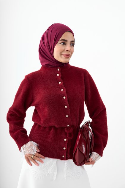 Women's Lace Detailed Beaded Button Detail Knitwear Cardigan Claret Red