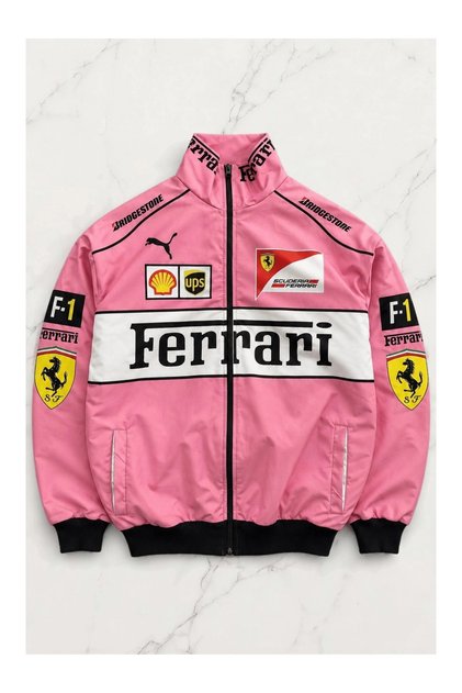 Harajuku Ferrari Patterned Bomber Jacket - Pink