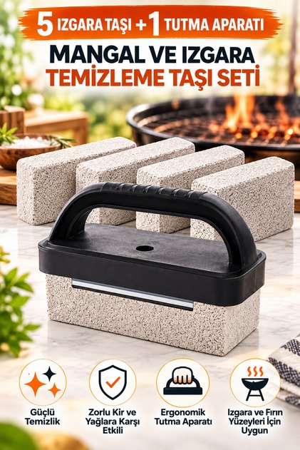5’li Mangal, Izgara ve Burger Tezgâhı Temizleme Taşı + 1 Tutma Aparatı Seti